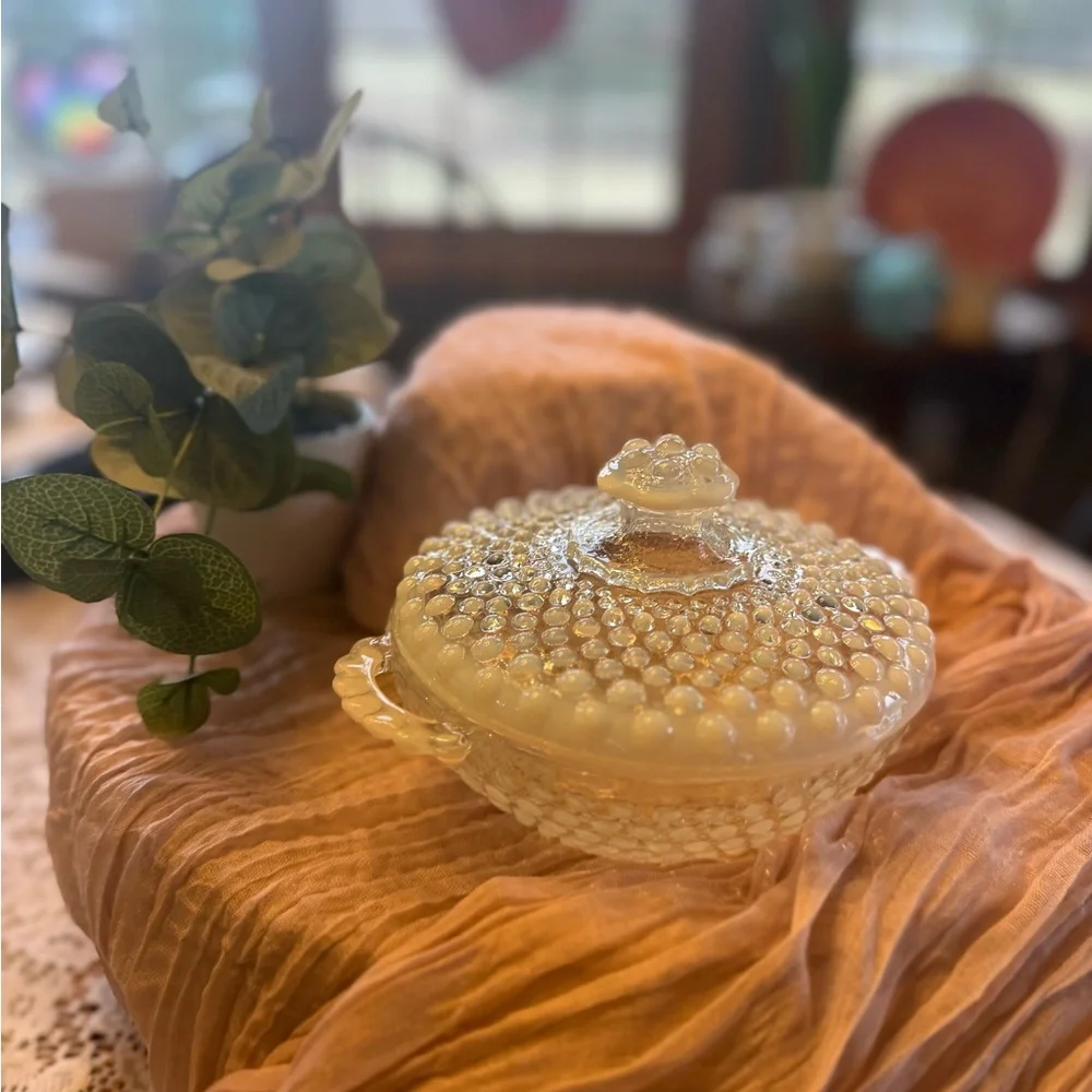 Vintage Hobnail Milk Glass Double Handle Bowl Farmhouse Cottage Decor